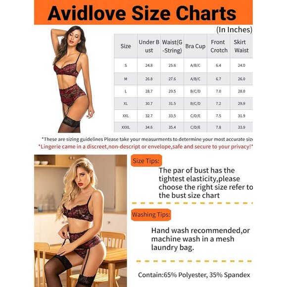 Women Dak Red Lingerie Set High Waisted Underwire Lingerie With Garter Belt Lace - Picture 6 of 6